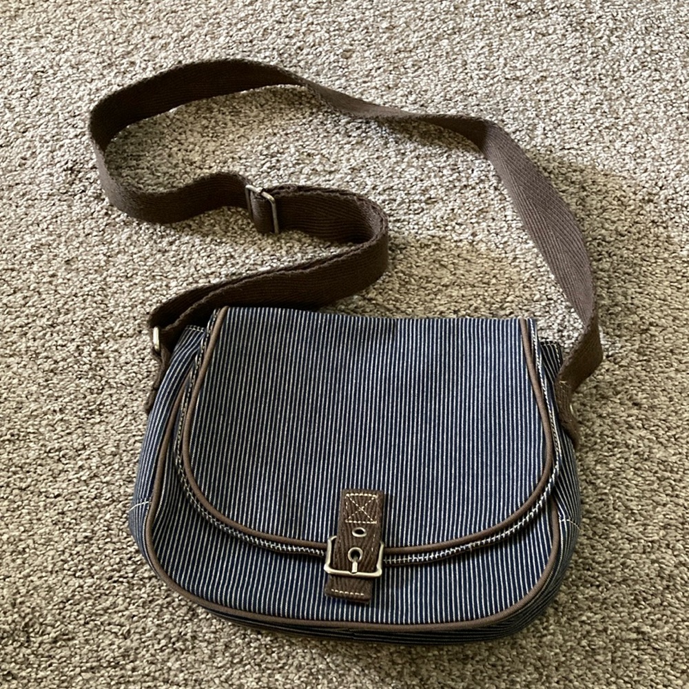 Thirtyone White and Blue Jean Striped with brown accents Crossbody Bag